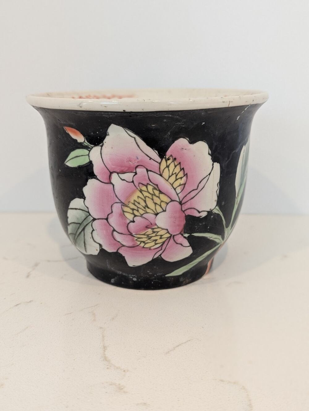 Vtg Chinese Famille Noire Planter Black Peony Floral Porcelain Pot Cachepot
